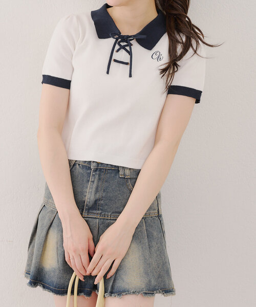 Another Branch olive des olive（アナザーブランチオリーブデオリーブ）の「【韓国ガーリー叶う】レースアップポロ（ニット/セーター・レディース・ピンクベージュ/アイボリー/ブラック・FREE）」の5枚目の写真