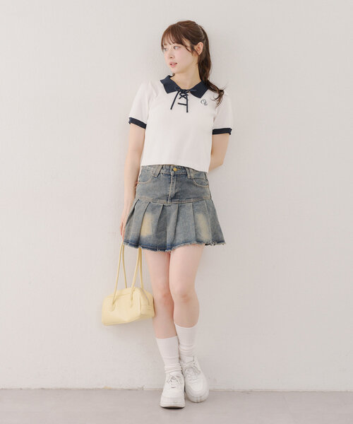 Another Branch olive des olive（アナザーブランチオリーブデオリーブ）の「【韓国ガーリー叶う】レースアップポロ（ニット/セーター・レディース・ピンクベージュ/アイボリー/ブラック・FREE）」の8枚目の写真