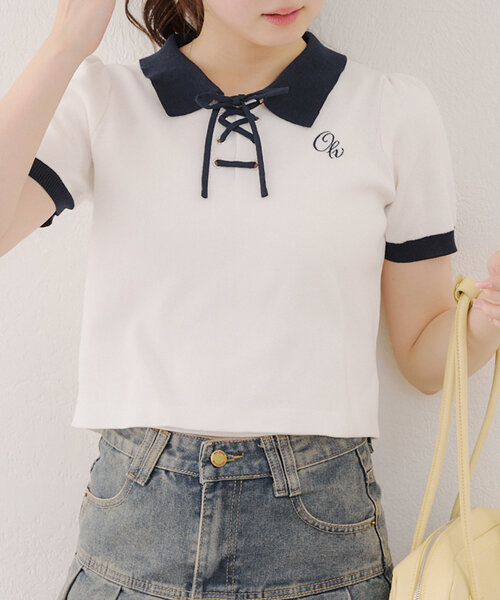 Another Branch olive des olive（アナザーブランチオリーブデオリーブ）の「【韓国ガーリー叶う】レースアップポロ（ニット/セーター・レディース・ピンクベージュ/アイボリー/ブラック・FREE）」の10枚目の写真