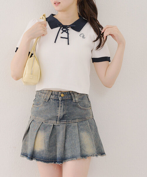 Another Branch olive des olive（アナザーブランチオリーブデオリーブ）の「【韓国ガーリー叶う】レースアップポロ（ニット/セーター・レディース・ピンクベージュ/アイボリー/ブラック・FREE）」の11枚目の写真