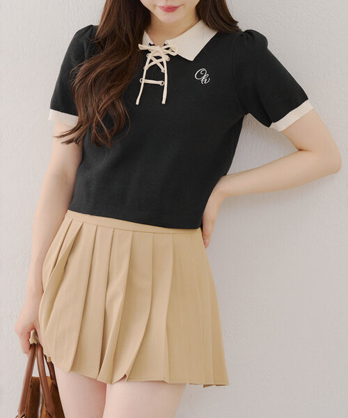 Another Branch olive des olive（アナザーブランチオリーブデオリーブ）の「【韓国ガーリー叶う】レースアップポロ（ニット/セーター・レディース・ピンクベージュ/アイボリー/ブラック・FREE）」の14枚目の写真