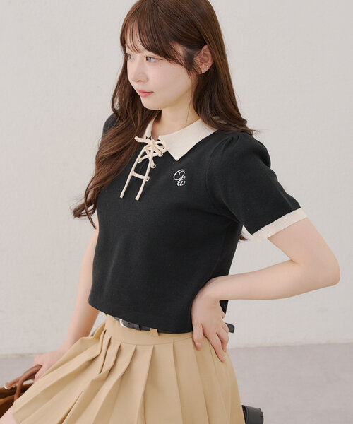 Another Branch olive des olive（アナザーブランチオリーブデオリーブ）の「【韓国ガーリー叶う】レースアップポロ（ニット/セーター・レディース・ピンクベージュ/アイボリー/ブラック・FREE）」の18枚目の写真