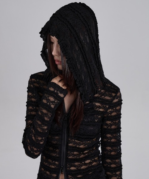 Sibra(シブラ)の「フリルレース×シアー感が魅力のフーディーカーディガン風トップス(Tシャツ/カットソー・レディース・ホワイト/ブラウン/ブラック・M)」の18枚目の写真
