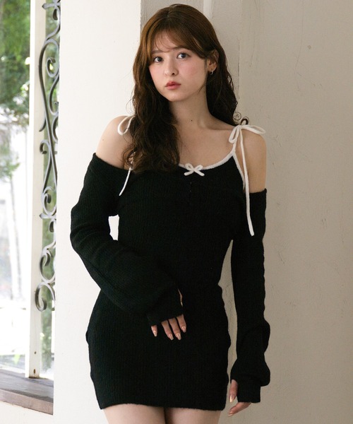 【美品】FR2 パイル ワンピース 梅　ミニワンピース bicolor ensemble knit mini onepiece / バイカラーアンサンブル