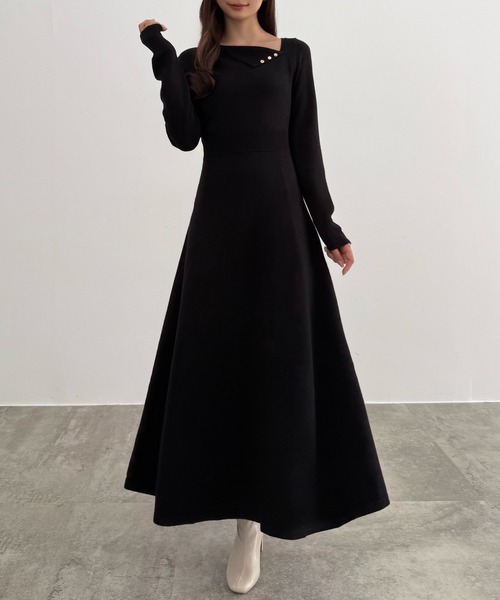 芽風　センソユニコ ニットロングワンピース　モヘヤ　ブラック　アシンメトリー 芽風 センソユニコ ニットロングワンピース モヘヤ ブラック