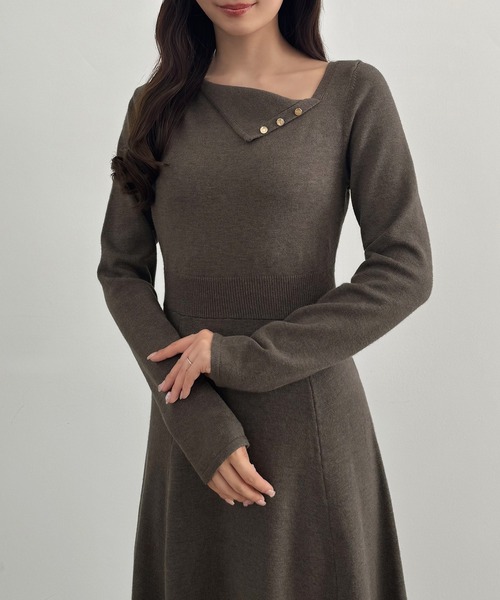 慈雨 アシンメトリー ニットワンピース ドット 切り替え セール】アシンメトリーネックニットワンピース（ワンピース）｜CENEA