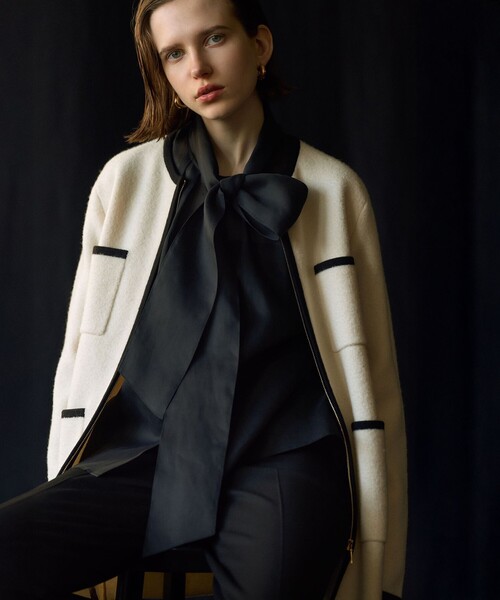 洗える】ミニブークレニット バイカラー ジャケット（カーディガン