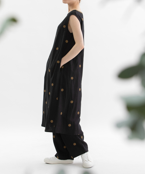 セール】リネンレーヨンpolka刺繍2wayノースリーブワンピース