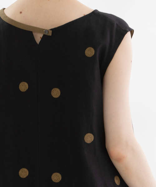 セール】リネンレーヨンpolka刺繍2wayノースリーブワンピース