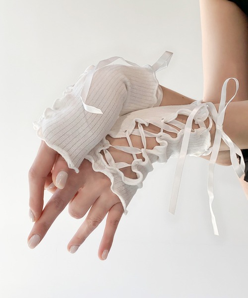 WEGO(ウィゴー)の「WEGO/レースアップショートアームカバー(アームカバー・レディース・ホワイト/ブラック・FREE)」の1枚目の写真