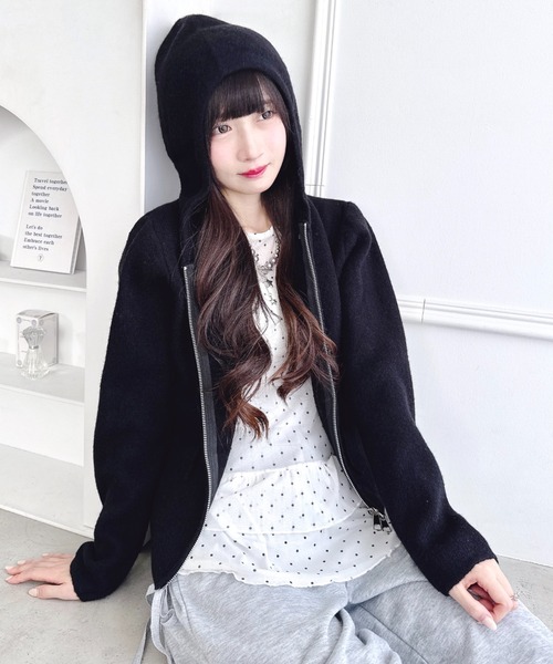 セール】ダブルジップフード付きニットパーカー（パーカー）｜Loueme