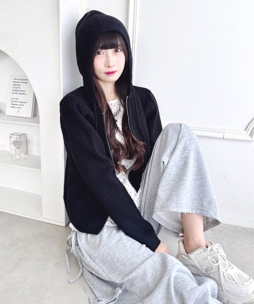 セール】ダブルジップフード付きニットパーカー（パーカー）｜Loueme