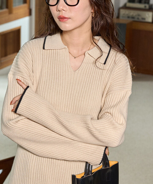 セール】限定展開 配色 ライン リブ スキッパー ポロ ニット（ニット