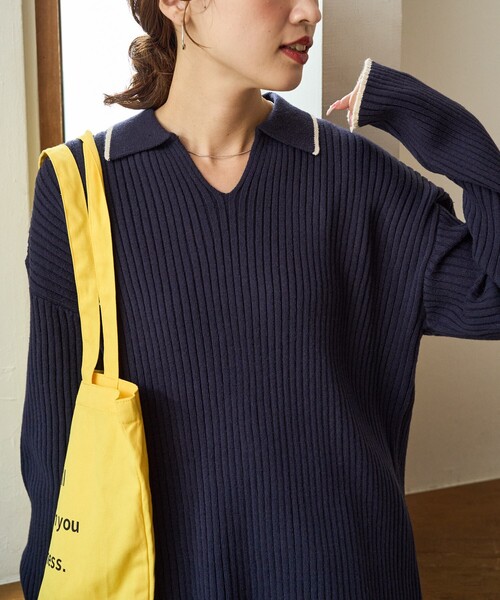 限定展開 配色 ライン リブ スキッパー ポロ ニット（ニット