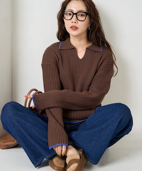 限定展開 配色 ライン リブ スキッパー ポロ ニット（ニット