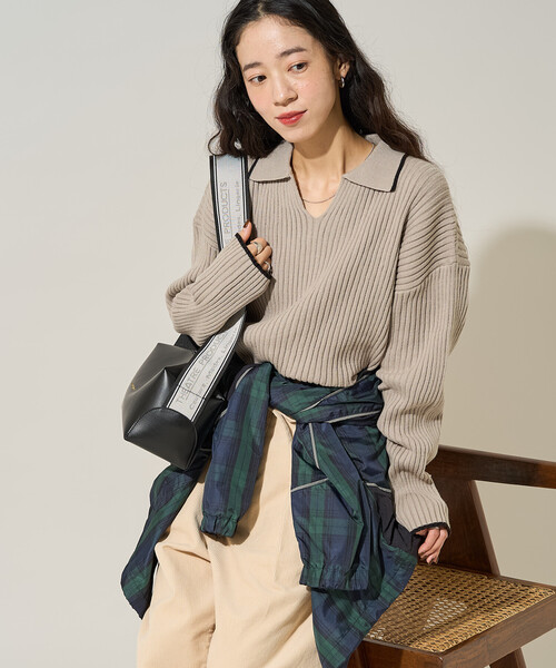 FREAK'S STORE（フリークスストア）の「限定展開　配色 ライン リブ スキッパー ポロ ニット（ニット/セーター・レディース・ナチュラル/ブラック/ライトグレー/ブラウン/ネイビー・ﾌﾘ-）」の14枚目の写真
