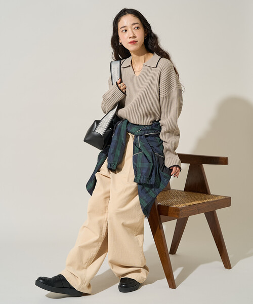 FREAK'S STORE（フリークスストア）の「限定展開　配色 ライン リブ スキッパー ポロ ニット（ニット/セーター・レディース・ナチュラル/ブラック/ライトグレー/ブラウン/ネイビー・ﾌﾘ-）」の15枚目の写真