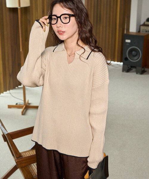 FREAK'S STORE（フリークスストア）の「限定展開　配色 ライン リブ スキッパー ポロ ニット（ニット/セーター・レディース・ナチュラル/ブラック/ライトグレー/ブラウン/ネイビー・ﾌﾘ-）」の20枚目の写真