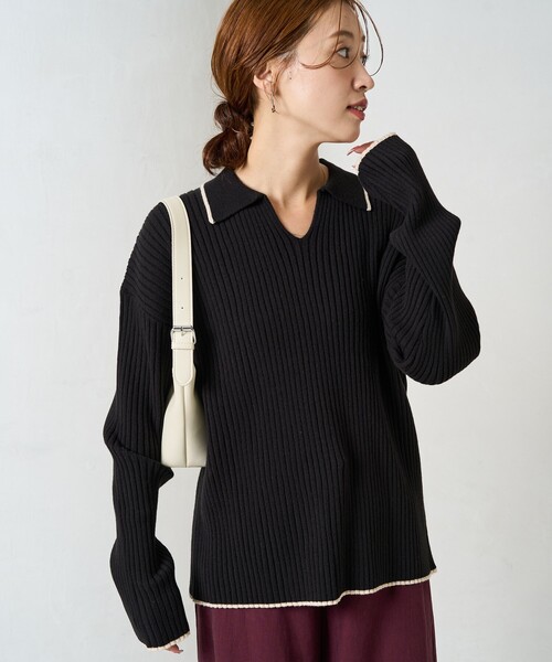FREAK'S STORE（フリークスストア）の「限定展開　配色 ライン リブ スキッパー ポロ ニット（ニット/セーター・レディース・ナチュラル/ブラック/ライトグレー/ブラウン/ネイビー・ﾌﾘ-）」の2枚目の写真