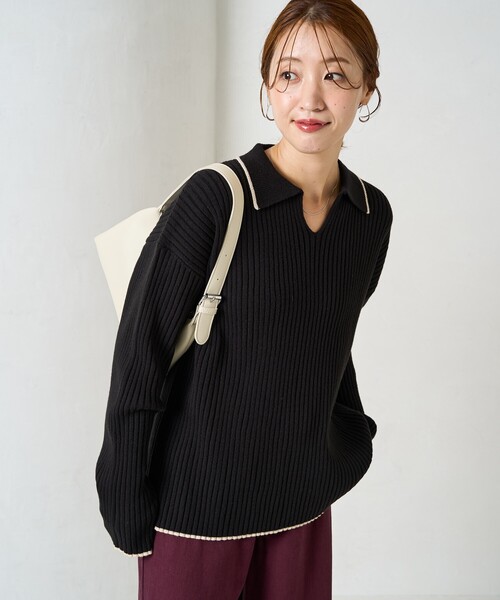 FREAK'S STORE（フリークスストア）の「限定展開　配色 ライン リブ スキッパー ポロ ニット（ニット/セーター・レディース・ナチュラル/ブラック/ライトグレー/ブラウン/ネイビー・ﾌﾘ-）」の7枚目の写真