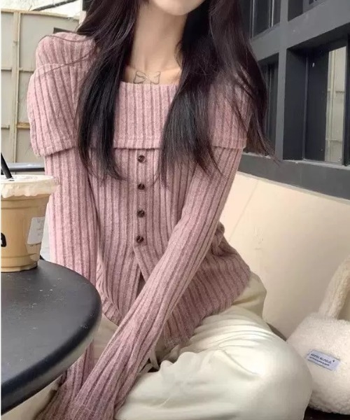 ampm（エーエムピーエム）の「オフショル風リブニットトップス（ニット/セーター・レディース・パープル/ベージュ・S/L/M）」の15枚目の写真