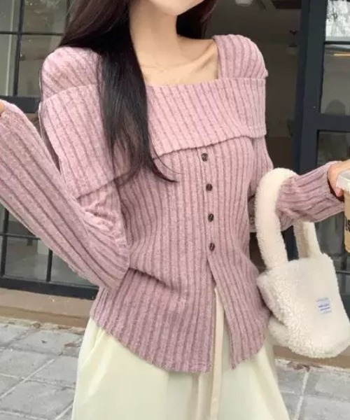 ampm（エーエムピーエム）の「オフショル風リブニットトップス（ニット/セーター・レディース・パープル/ベージュ・S/L/M）」の7枚目の写真