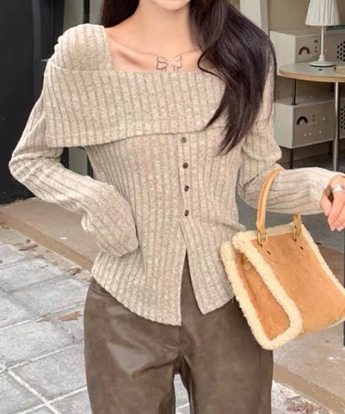 ampm（エーエムピーエム）の「オフショル風リブニットトップス（ニット/セーター・レディース・パープル/ベージュ・S/L/M）」の18枚目の写真