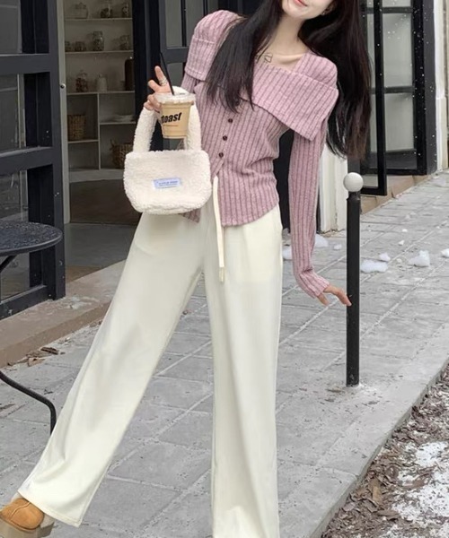 ampm（エーエムピーエム）の「オフショル風リブニットトップス（ニット/セーター・レディース・パープル/ベージュ・S/L/M）」の9枚目の写真