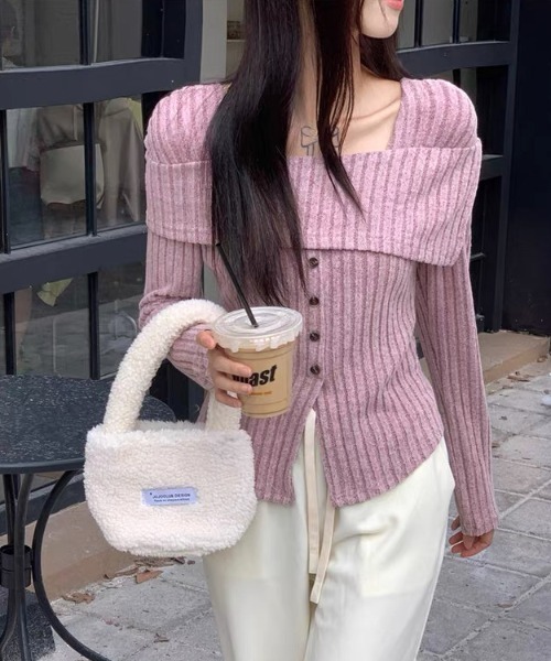 ampm（エーエムピーエム）の「オフショル風リブニットトップス（ニット/セーター・レディース・パープル/ベージュ・S/L/M）」の11枚目の写真