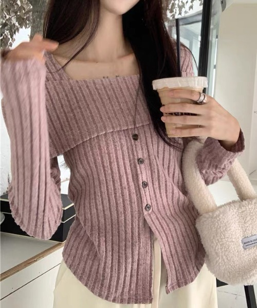 ampm（エーエムピーエム）の「オフショル風リブニットトップス（ニット/セーター・レディース・パープル/ベージュ・S/L/M）」の12枚目の写真