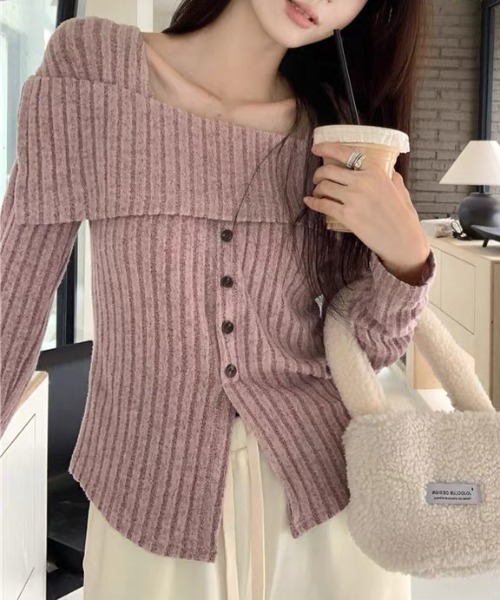 ampm（エーエムピーエム）の「オフショル風リブニットトップス（ニット/セーター・レディース・パープル/ベージュ・S/L/M）」の13枚目の写真