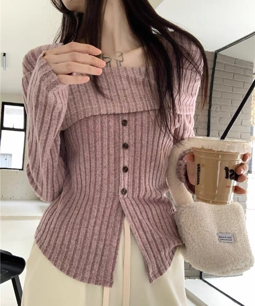 ampm（エーエムピーエム）の「オフショル風リブニットトップス（ニット/セーター・レディース・パープル/ベージュ・S/L/M）」の14枚目の写真