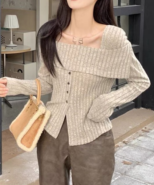 ampm（エーエムピーエム）の「オフショル風リブニットトップス（ニット/セーター・レディース・パープル/ベージュ・S/L/M）」の20枚目の写真