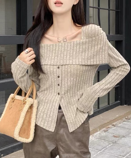 ampm（エーエムピーエム）の「オフショル風リブニットトップス（ニット/セーター・レディース・パープル/ベージュ・S/L/M）」の19枚目の写真