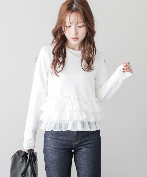 AMELY（エミリー）の「ティアードフリルヘムトップス（Tシャツ/カットソー・レディース・ブラック/グレー/ホワイト・フリー）」の2枚目の写真