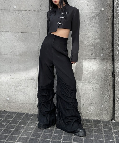 ビジュー装飾 アシンメトリックジャケット ブラック THREE TACK JACKET 