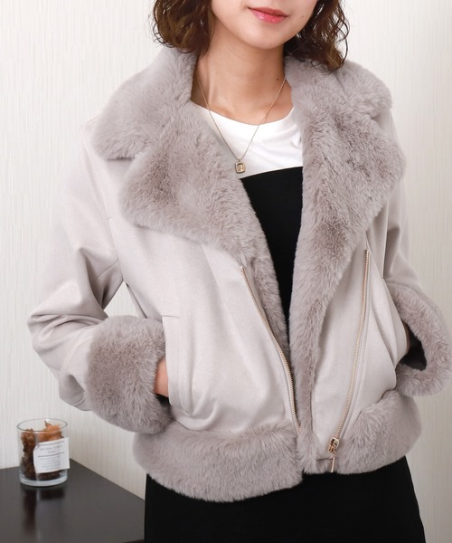 セール】スウェードポンチエコファー付きライダースジャケット