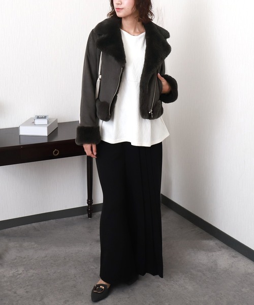 libelle more（リベル モア）の「スウェードポンチエコファー付きライダースジャケット（ライダースジャケット・レディース・アイボリー/チャコールグレー/グレー/ベージュ/ピンク・M）」の14枚目の写真