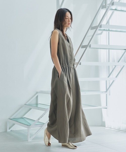audrey and john wad(オードリーアンドジョンワッド)の「ノーカラーミドルリネンサロペット(その他パンツ・レディース・ナチュラル/ブラック・S/M)」の5枚目の写真