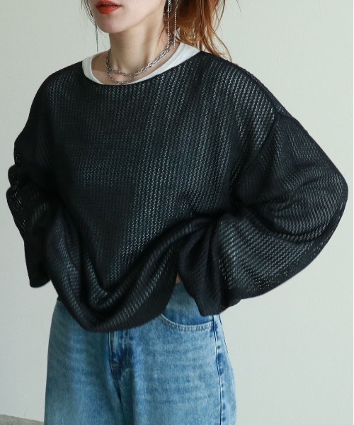 zena（ジェナ）の「メッシュ編みシャイニーラメ透かしニット（ニット/セーター・レディース・ブラック/ブラウン/グレー/ピンク・FREE）」の5枚目の写真