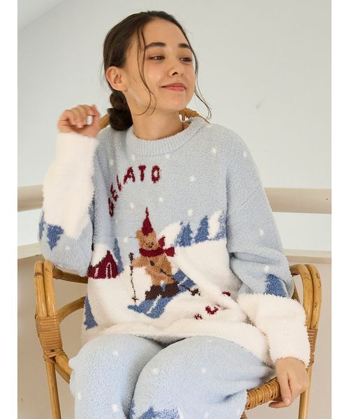 ベアジャガードプルオーバー ジェラピケ クリスマス ルームウェアセット【白】 HOLIDAY】スキーベアジャガードプルオーバー（ルームウェア/パジャマ