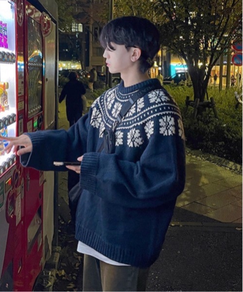 CERCA（チェルカ）の「【NOWLE】ウィンター レトロ ノルディック柄 プルオーバー ニット（ニット/セーター・メンズ・オフホワイト/ネイビー・X-LARGE/MEDIUM/LARGE）」の3枚目の写真