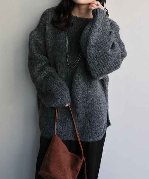 ap retro（アプレトロ）の「ウールブレンドラウンドスリットニット（ニット/セーター・レディース・ブラウン/チャコール/パープル/オレンジ/ライトベージュ・FREE）」の7枚目の写真