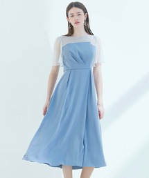 ラメチュール×マットサテン袖付きフレアパーティードレス 結婚式 お呼ばれ ドレス 20代 30代