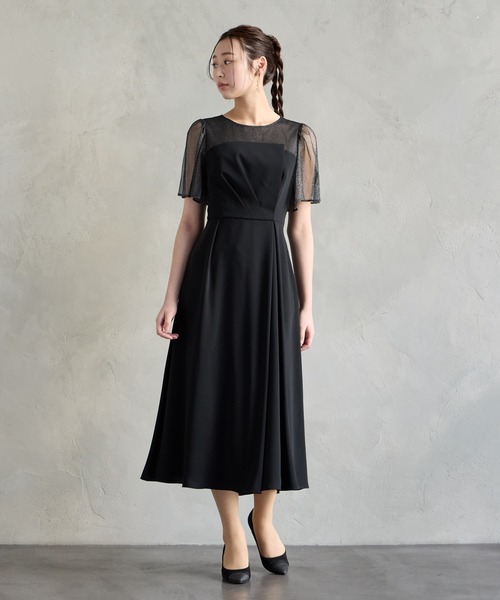 AIMER(エメ)の「ラメチュール×マットサテン袖付きフレアパーティードレス 結婚式 お呼ばれ ドレス 20代 30代(ドレス・レディース・ブルーグレー/ブラック/ブラウン/ベージュ・MEDIUM)」の7枚目の写真