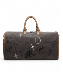 HELLOJUN（へロージュン）の「ドローイングオールオーバービッグキャンバスダッフルバッグ[ブラウン]（ボストンバッグ）」