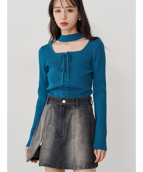 MURUA（ムルーア）の「フロントレースアップニット（ニット/セーター・レディース・ブルー/グレー/ブラック・FREE）」の3枚目の写真