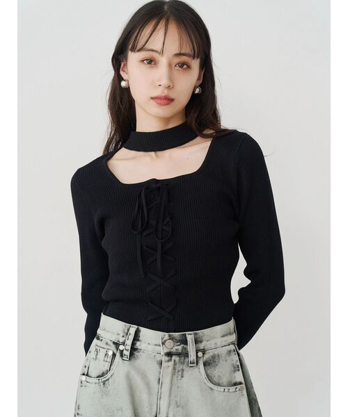 MURUA（ムルーア）の「フロントレースアップニット（ニット/セーター・レディース・ブルー/グレー/ブラック・FREE）」の4枚目の写真