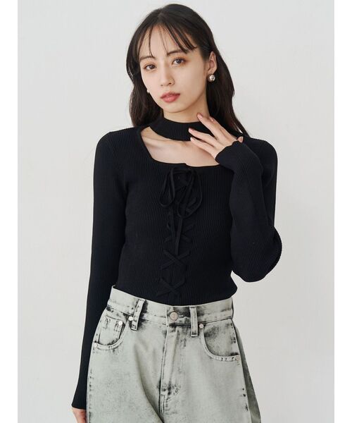 MURUA（ムルーア）の「フロントレースアップニット（ニット/セーター・レディース・ブルー/グレー/ブラック・FREE）」の5枚目の写真