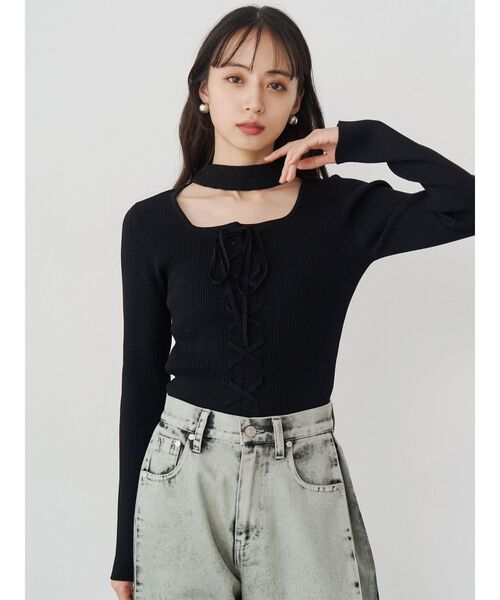 MURUA（ムルーア）の「フロントレースアップニット（ニット/セーター・レディース・ブルー/グレー/ブラック・FREE）」の6枚目の写真